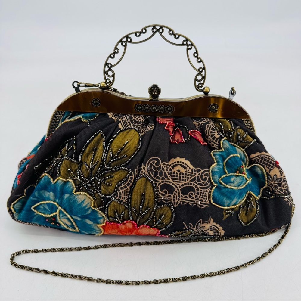 Vintage Y2K Cottagecore Beaded Floral Lucite Antique Metal Satchel Crossbody Bag